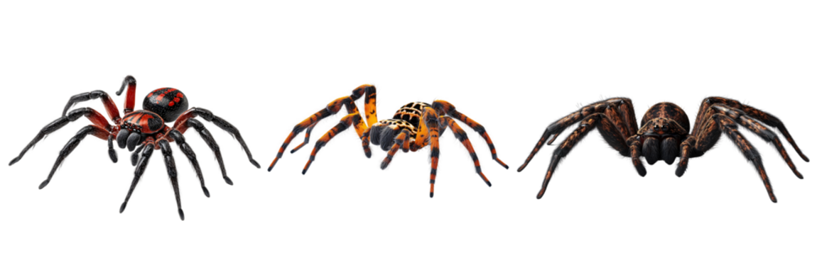 Creepy Spider Set in Halloween Colors 3D Render with Red, Orange, and Black on Transparent Background
