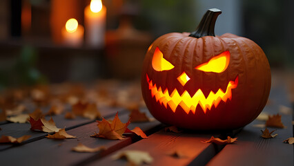 Spooky jack-o’-lantern on wood, glowing with autumn leaves