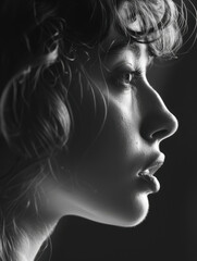 Fototapeta premium Dramatic Black and White Close-Up of Young Woman with Curly Hair