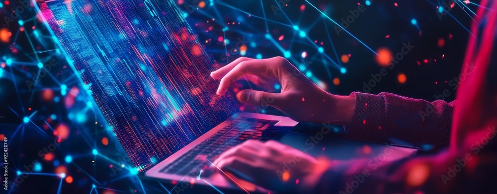 Poster using a laptop against the background of visualization of a computer internet network, social connec