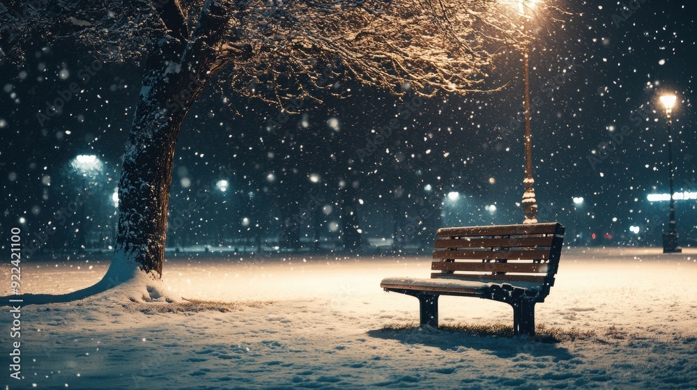 Wall mural a bench in the snow at night with a tree and street lights, ai