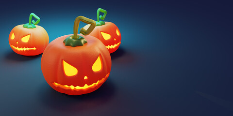 Halloween background. Holiday Halloween poster, web banner, greeting card, cover for party invitation. Bright realistic 3d pumpkins.