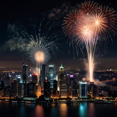 High-Tech Fireworks Display Over a Modern Metropolis with Advanced Lighting Effects