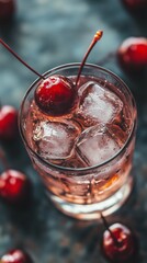 Refreshing cocktail with cherries and ice in a glass, surrounded by fresh cherries on a dark background