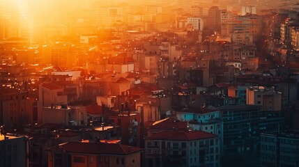 Obraz premium Urban skyline at sunset over a densely populated city with warm, golden hues reflecting off rooftops