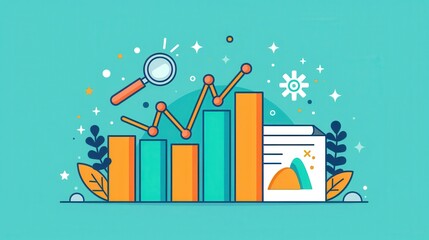 Detailed analysis, bar graph with a magnifying glass, flat design illustration