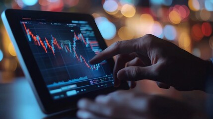 Hands holding tablet with trading graphs.