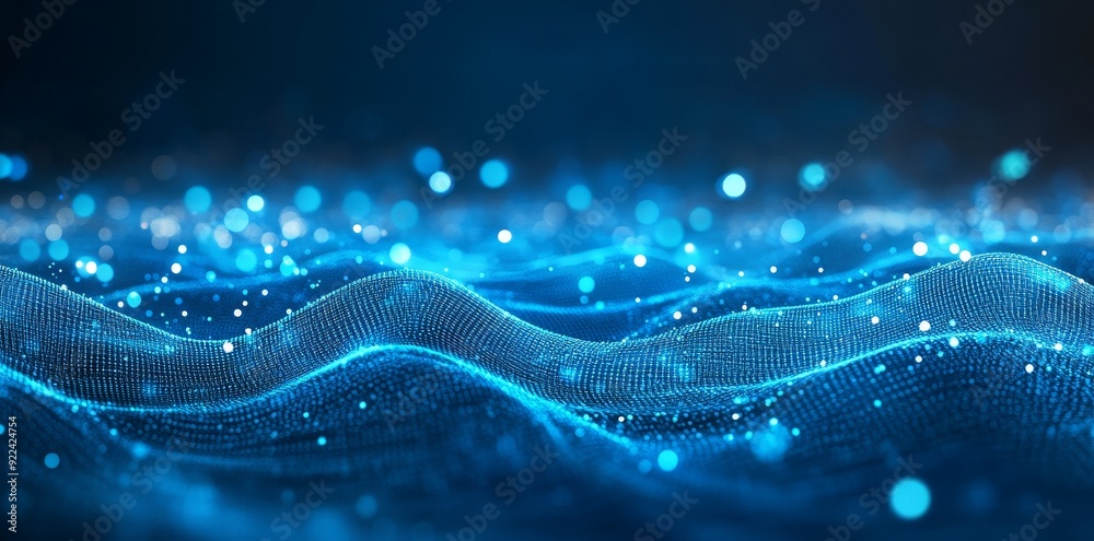 Poster data transfer on a dark blue abstract cyberspace background with dots and weave lines as a backgroun