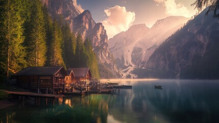 Fototapeta premium Tranquil Lake Surrounded by Majestic Mountains