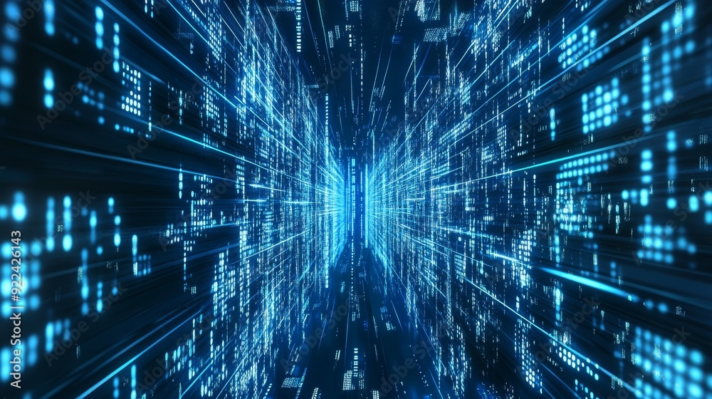 Poster a 3d rendering of a blue digital network with streaming data particles, symbolizing the fast advance