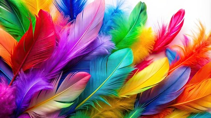 Obraz premium Close up of colorful feathers in vibrant hues on white background , feathers, artwork, colorful, vibrant, close up