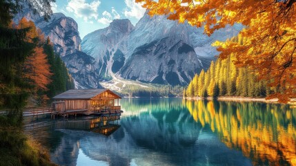 Autumn Cabin by the Mountain Lake
