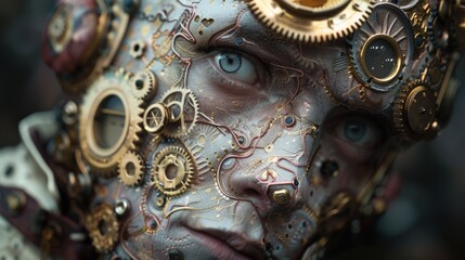Fototapeta premium The humanoid figure's face is adorned with gears and mechanical elements, showcasing a blend of artistry and technology in low light