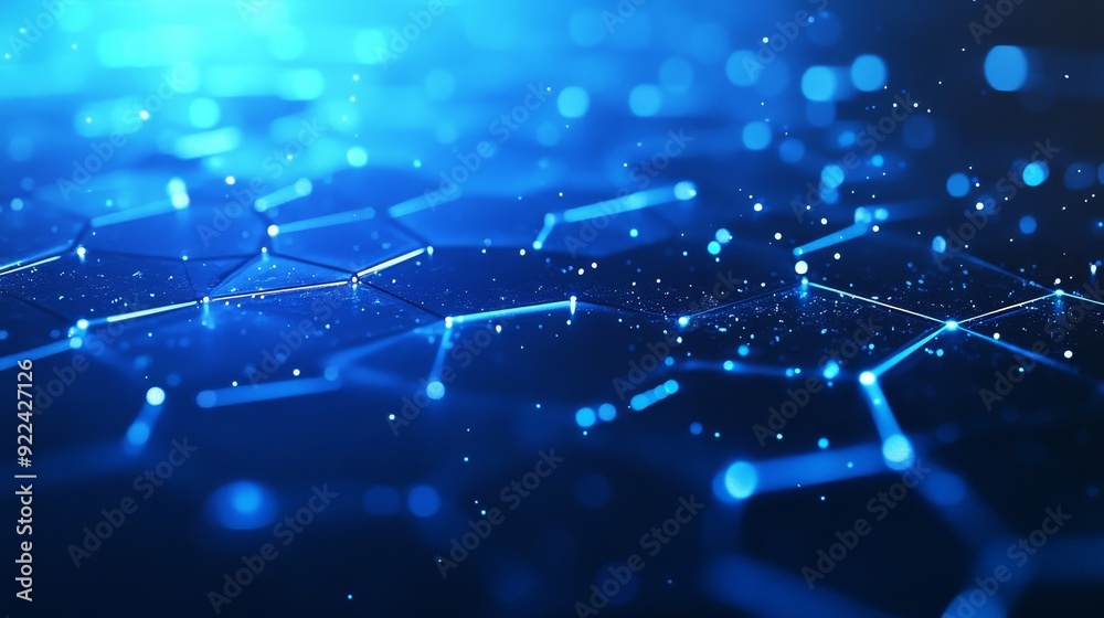 Wall mural the background is blue with hexagon patterns and glowing lights to represent a technology or science