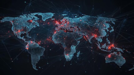 A digital world map illuminated with red dots representing global connectivity and data flow, showcasing modern technology.