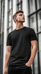 Fototapeta premium Handsome male model posing wearing black t-shirt outdoors in urban setting