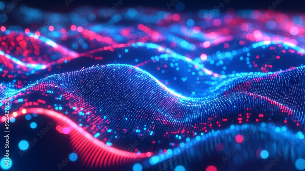 Poster 3d rendering of a futuristic wave background. network connection dots and lines. digital background.
