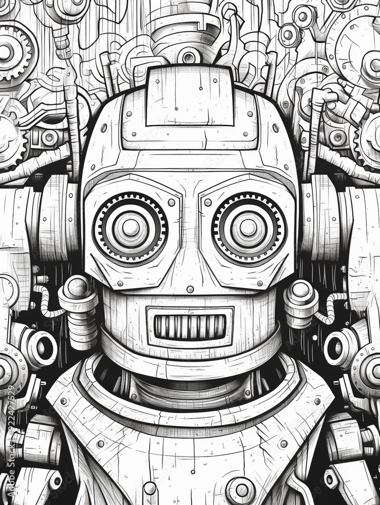 Wall mural Coloring book page cover old and rusty robot carton