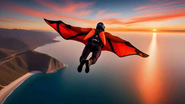 gliding through the sky in a wingsuit 