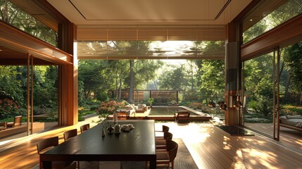 Fototapeta premium dining room with black table and brown chairs, 3d render 