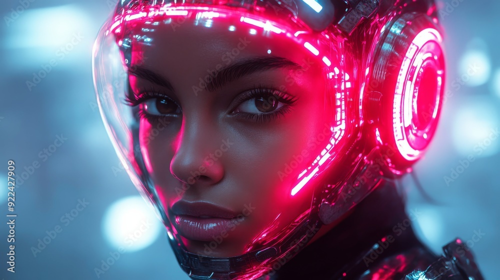 Canvas Prints Astronaut woman wearing space helmet posing in neon light