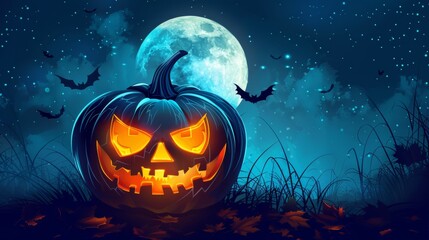 Naklejka premium pumpkins with faces glowing from within in a forest. halloween concept