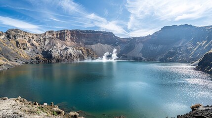 Obraz premium A volcanic crater lake, surrounded by rugged terrain and steam rising from the water
