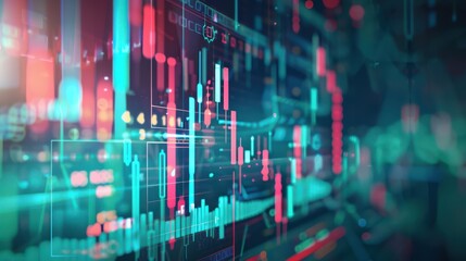 Obraz premium Double Exposure Economic Indicators: Double exposure of various economic indicators with fluctuating green and red graph lines showing the overall market performance on a digital screen