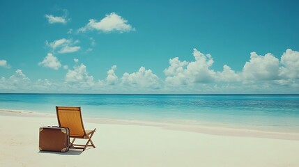 A Suitcase and a Chair on a Sandy Beach Facing the Ocean