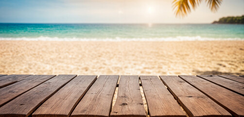 Fototapeta premium Empty summer holidays background. Horizontal travel banner for advertising product. Wooden table top in front, blurred paradise vacation. Panoramic empty bar counter in focus