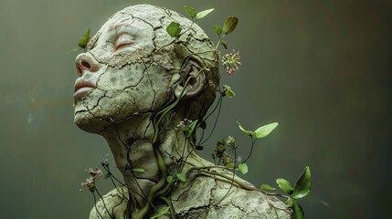 Fototapeta premium A serene figure adorned with vines and flowers, embodying a connection between humanity and nature, exuding tranquility