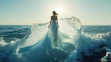 A serene scene of a woman in a flowing dress facing the ocean, with gentle waves and a clear, bright sky.