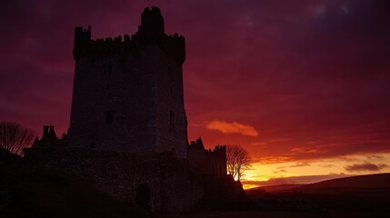Fototapeta premium Majestic Medieval Castle Silhouette against Vivid Sunset Sky
