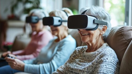 GROUP OF OLDER ADULTS, WEARING VR HEADSETS, ARE IMMERSED IN THEIR RESPECTIVE VIRTUAL TOURS. THEY ARE LOOKING AT EXHIBITS, LISTENING TO AUDIO GUIDES, AND INTERACTING WITH OTHER VISITORS VR TOUR CONCEPT
