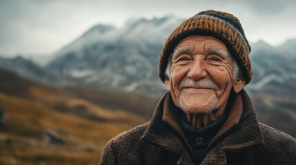 An elderly man with a warm smile stands against a majestic mountain backdrop, radiating wisdom and a life well-lived amidst the breathtaking scenery.