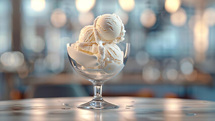 Indulgent Vanilla Ice Cream Delight Against Warm Bokeh Light Background Wallpaper - Perfect for Wall Art and Home Decor, Featuring Creamy Texture and Sweet Treat Sensation