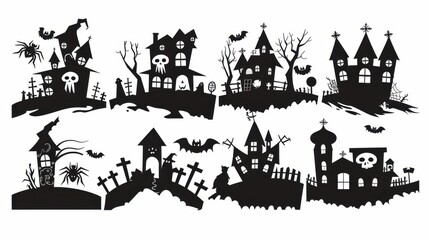 Obraz premium Design black silhouette illustrations of spooky Halloween ฺHouse in various activities, with bold lines 