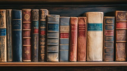 A wooden shelf full of books, with several of them displaying old, worn covers, adding a touch of nostalgia.