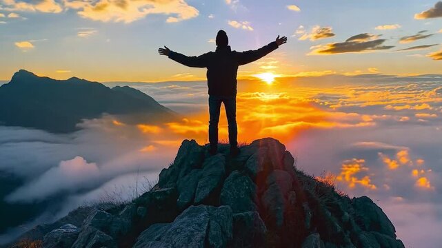 On the mountain, a man thanks God.