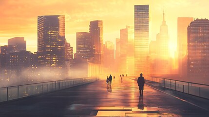 Fototapeta premium Cityscape with Silhouettes of People Walking on a Rooftop at Sunset