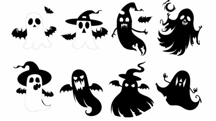 Fototapeta premium Black silhouette illustrations of spooky Halloween Cute Ghost in various activities, with bold lines
