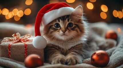 Cute kitten wearing santa hat relaxing near christmas present