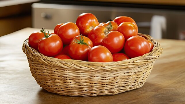 A woven basket brimming with ripe red tomatoes, showcasing their freshness and vibrant color, perfect for a kitchen scene.