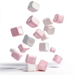 Close up of Falling marshmallow on an isolated white background 