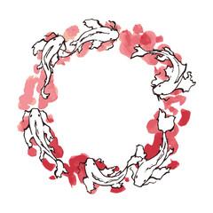 Circular Frame with Koi Carp and red spots. White silhouettes of the Japanese fish contrasts with the scarlet patterns on the round border with white background. For decoration and templates