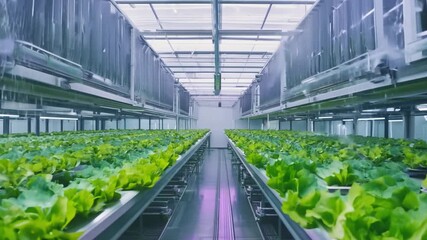 The Rows of fresh lettuce thrive in an advanced indoor farming environment.