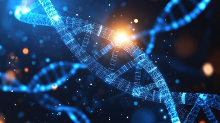 A luminous, digital representation of a DNA strand glows against a dark backdrop, showcasing the intricate, interconnected structure of genetic material.