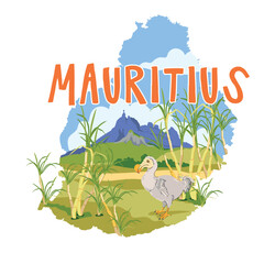 Sugar cane fields with famous Mount Pieter Bot on Mauritius island map background. Dodo bird endemic species of flightless extinct bird raphus cucullatus. Vector landmarks flat style. © Tata Pilip