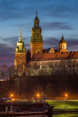 Wawel Castle and Wawel cathedral seen from the Vistula boulevards in the morning
