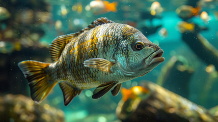 Stunning close-up of a piranha with vibrant scales and piercing eyes